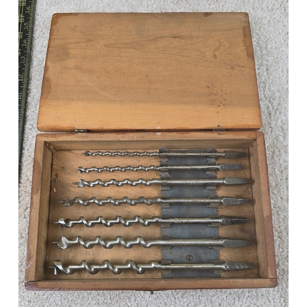 Vintage Irwin CLINTON 7pc Auger Brace Bit Set USA Wood Box Woodworking